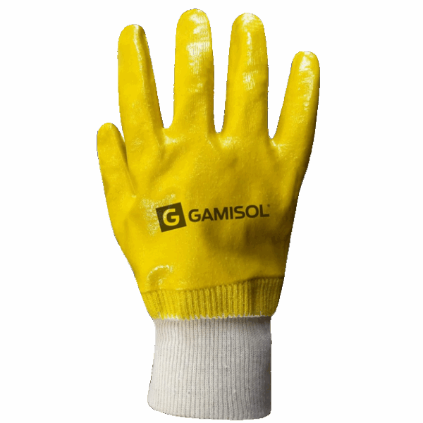 Guante Interlock algodón baño completo nitrilo liviano amarillo puño elastizado (Cod.N1004)